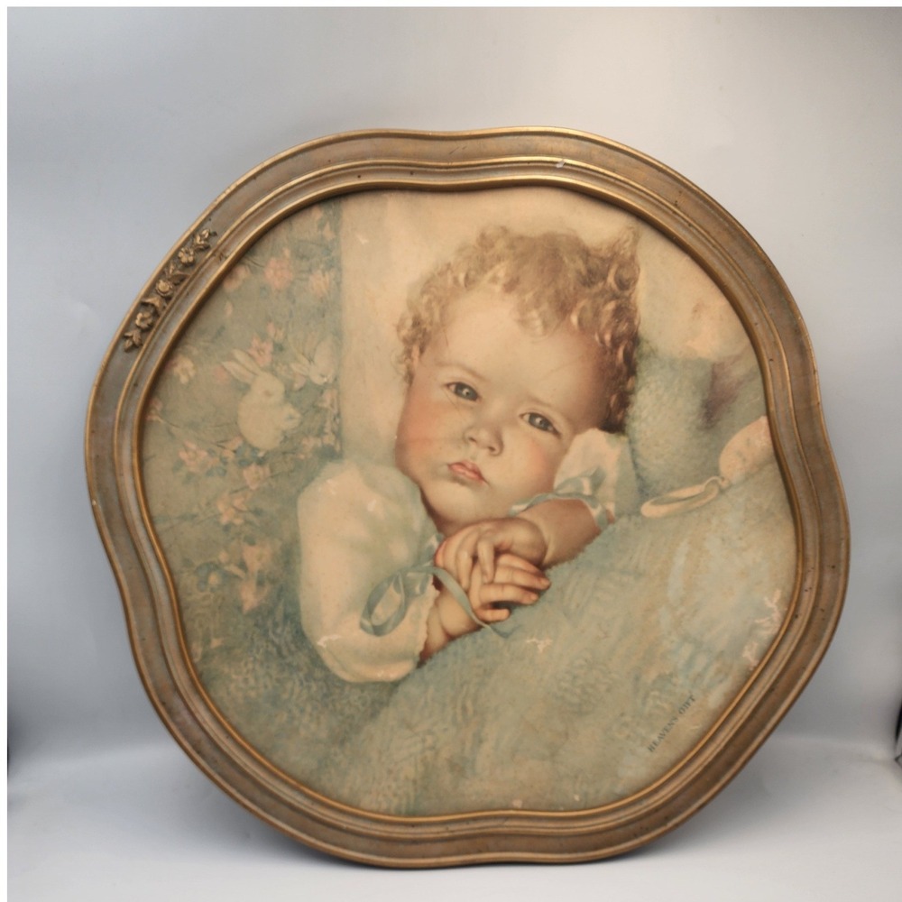 Vintage Heavens Gift Baby Lithograph Scalloped Gold Wood Frame Nursery Art 16in